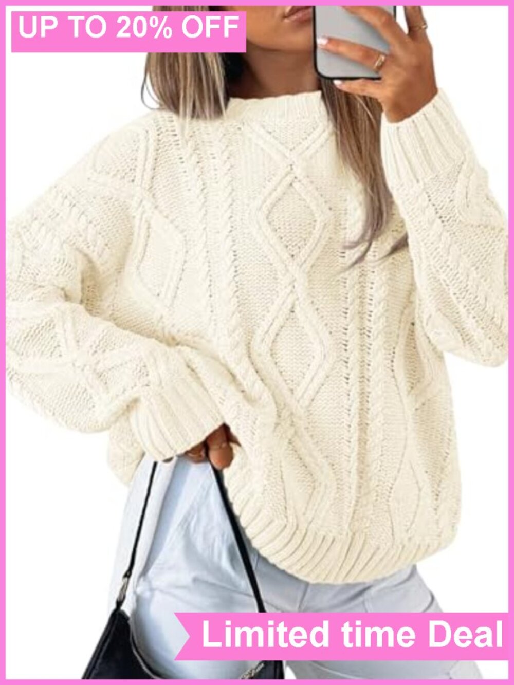 Womens Oversized Cable Knit Chunky Sweater Pullover Crew Neck